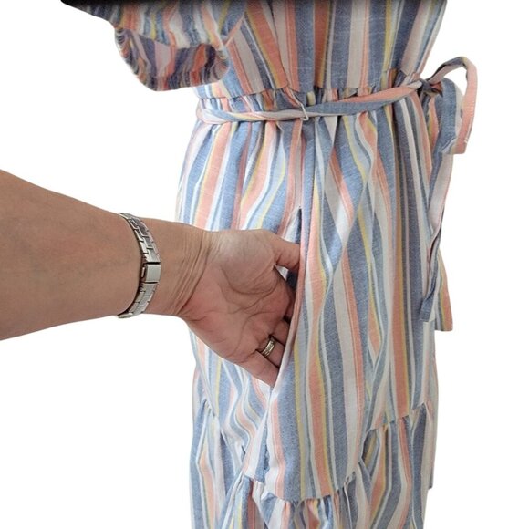 Harlow & Rose Size M "Washed Linen" color Pastel Stripe Tiered Knee-Length Dress - Picture 7 of 14